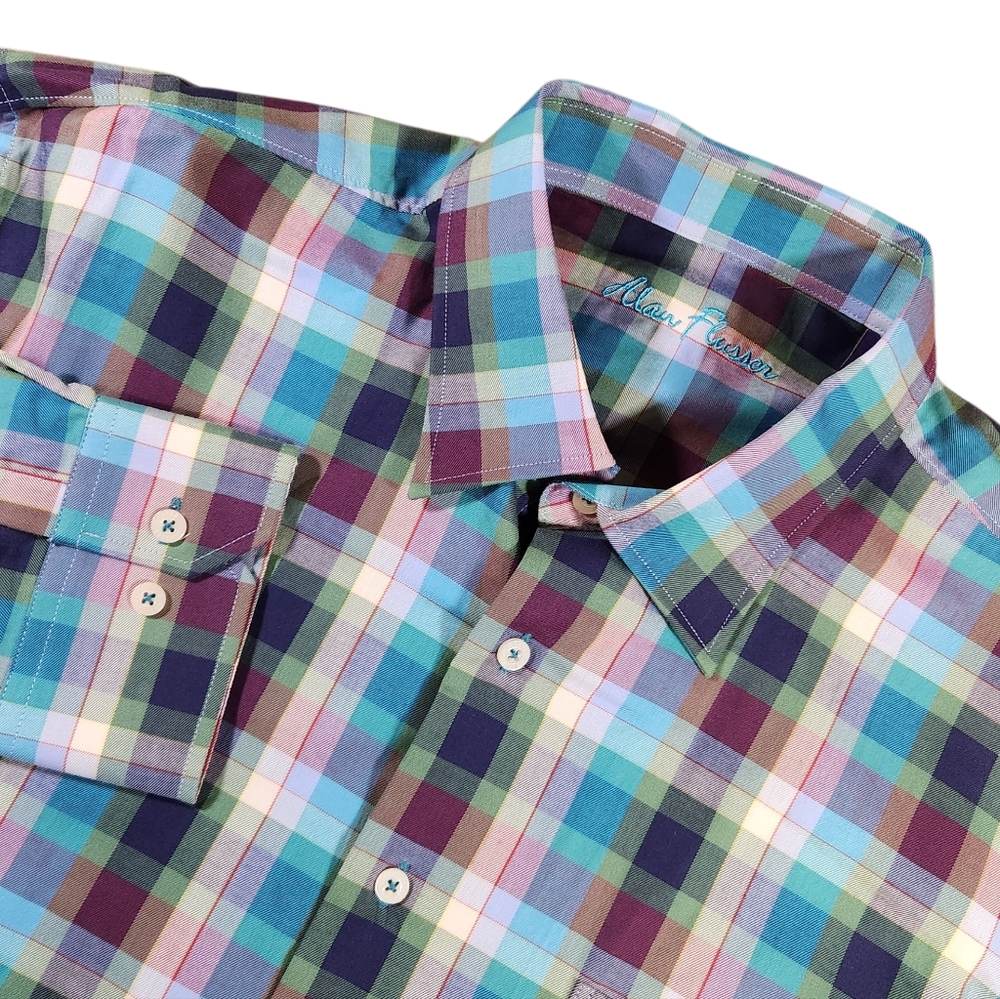 Alan Flusser Shirt Men's XL Long Sleeve Plaid Button Down Colorful Cotton Casual